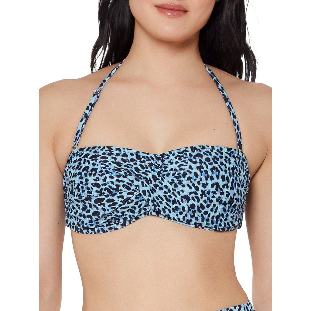 JS Jessica Simpson Women's Groovy Leopard Bandeau Blue Swimsuit Top, Small‎